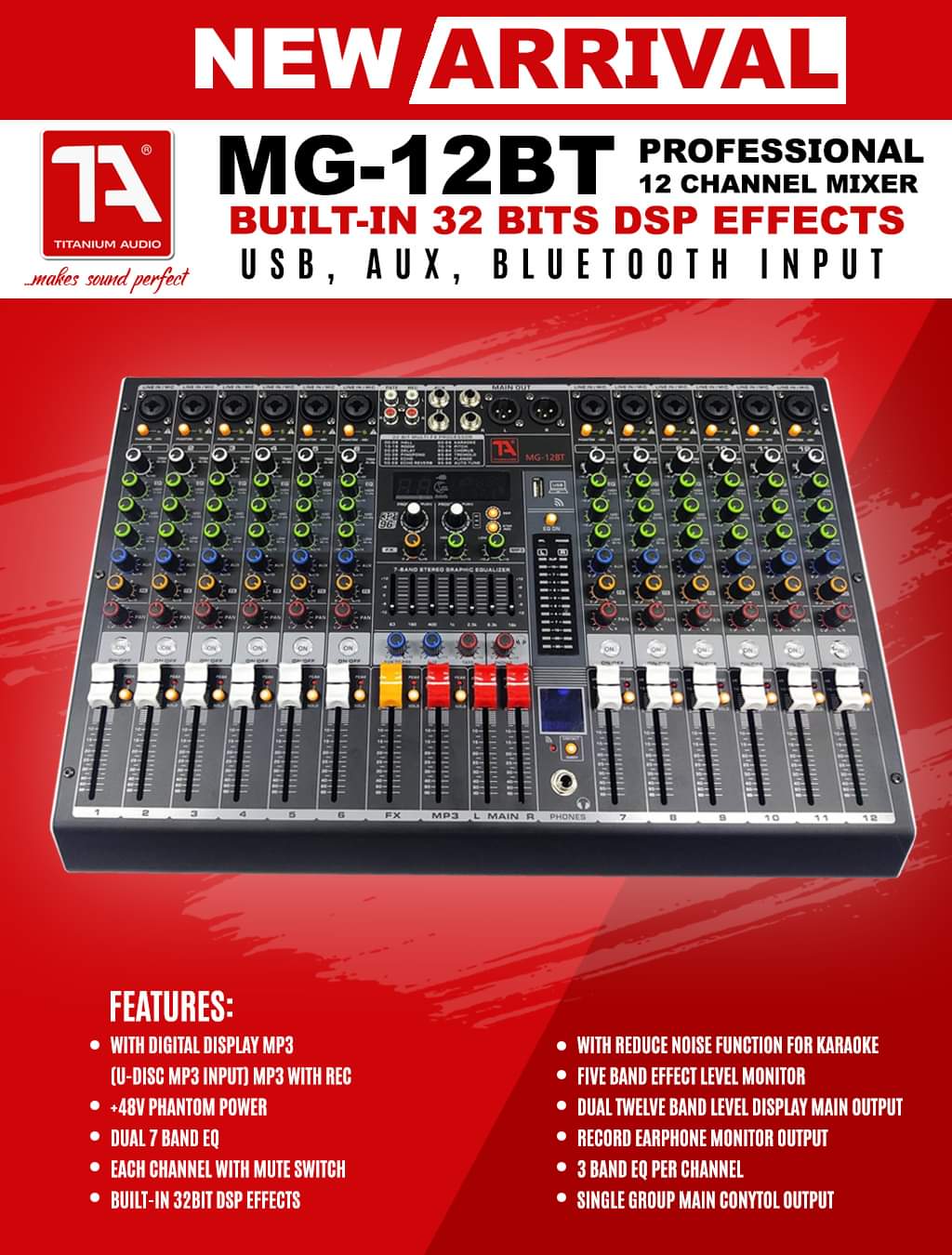 Titanium Audio MG-12BT Mixer Professional 6 Channel Mixer 32-BIT DSP Effects Mixer