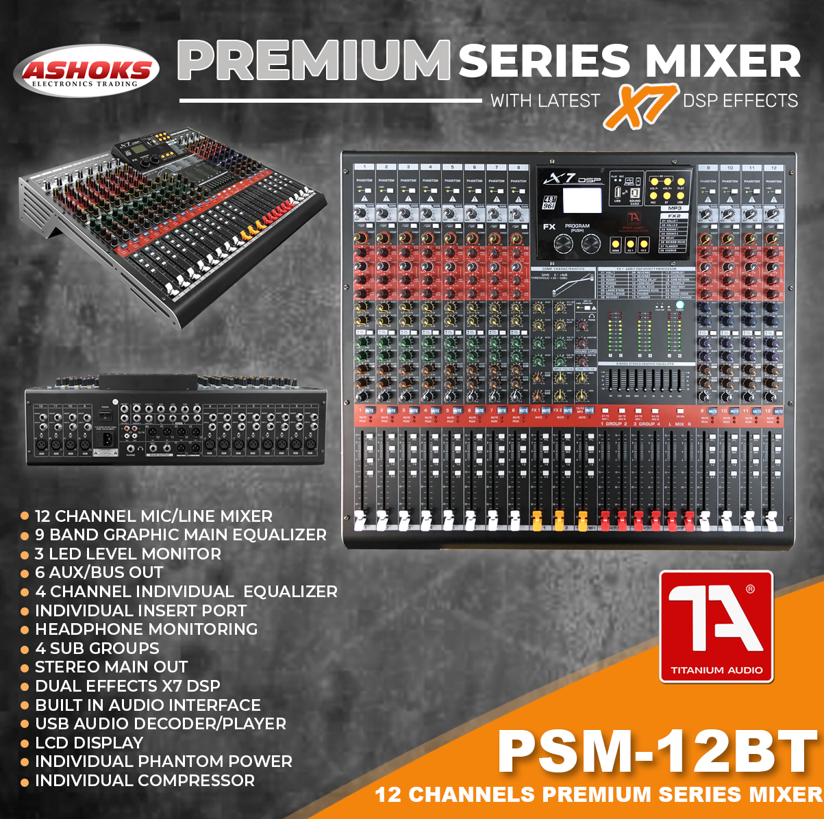 Titanium Audio PSM 12BT / X7 DSP Effects / 12 Channel Mixer / Bluetooth / Passive Mixer / Psm 12Bt / Titanium Audio