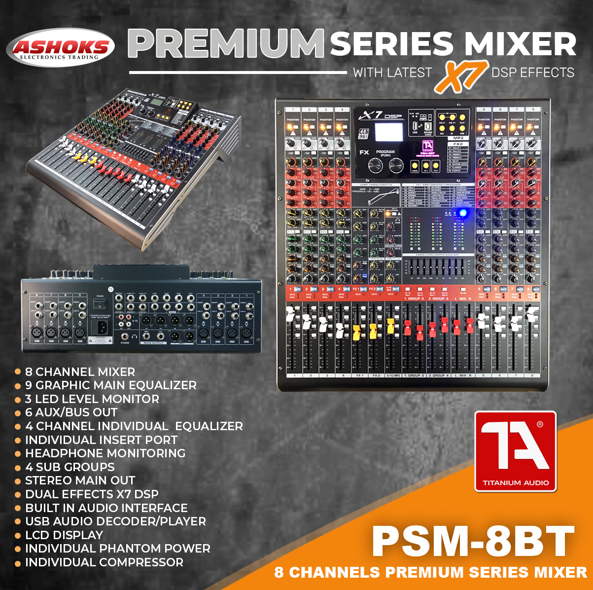 Titanium Audio PSM 8BT / X7 DSP Effects / 8 Channel 4 BUS Mixer / Bluetooth / Psm 8Bt / Titanium Audio