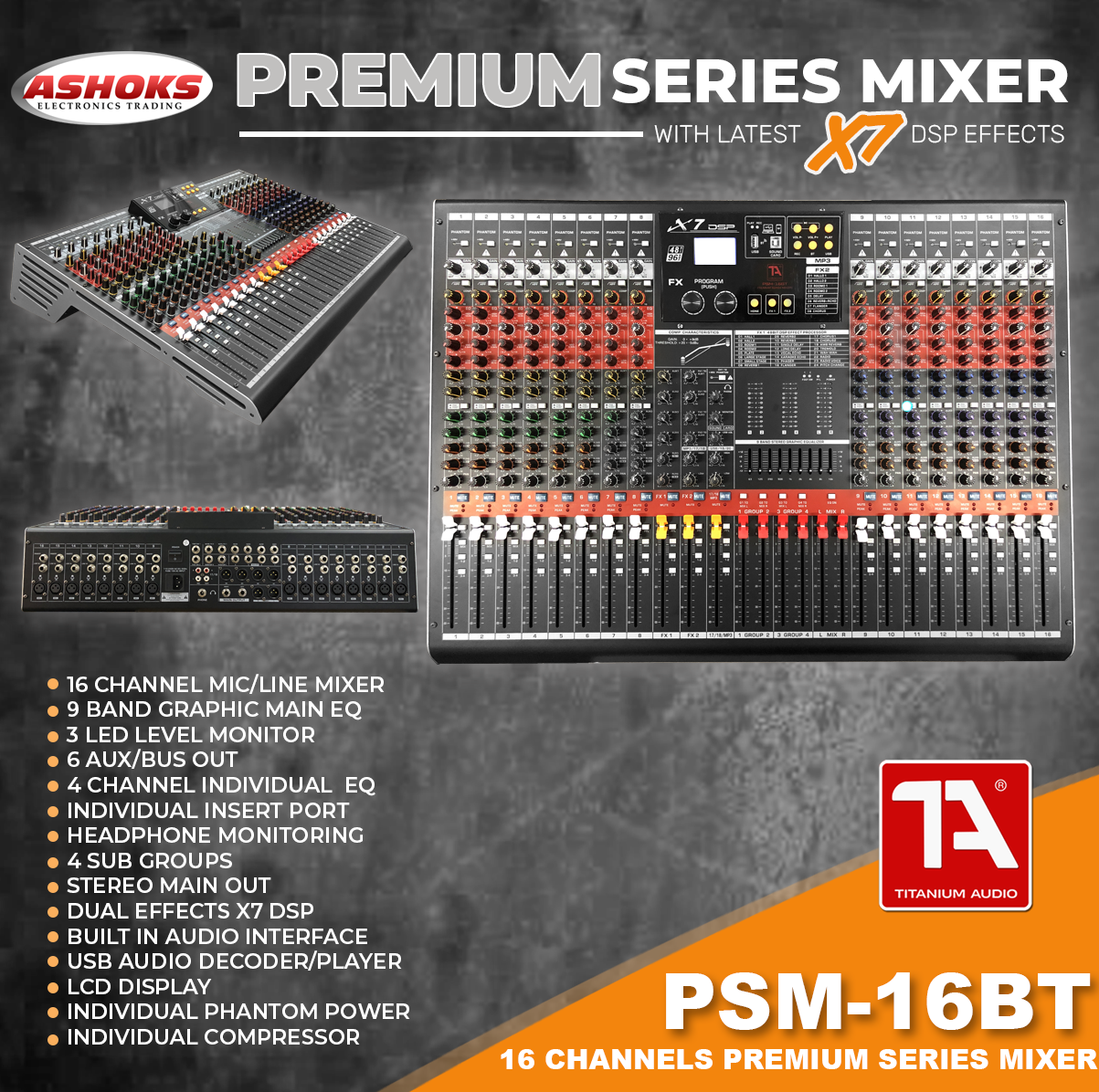 Titanium Audio PSM 16BT / X7 DSP Effects / 16 Channel Passive Mixer / Bluetooth Mixer / Psm 16Bt / Titanium Audio