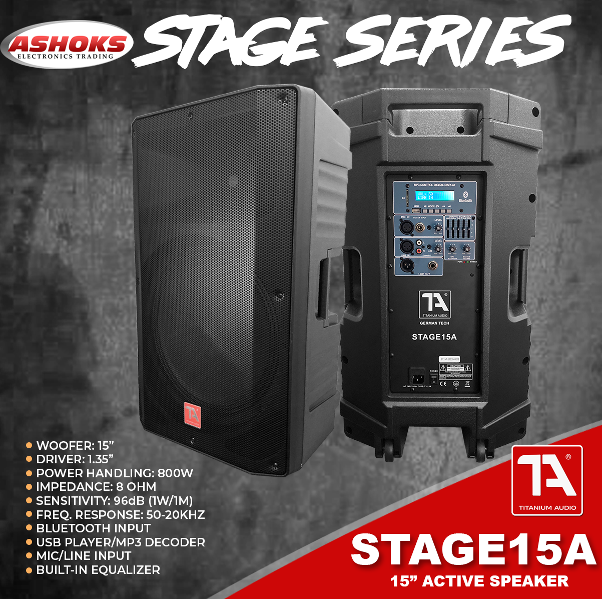 Titanium Audio Stage 15A  / Active Speaker / 800W / 15 inch Karaoke Speaker / Bluetooth, USB, MP3 / TA Stage 15a / Titanium Audio