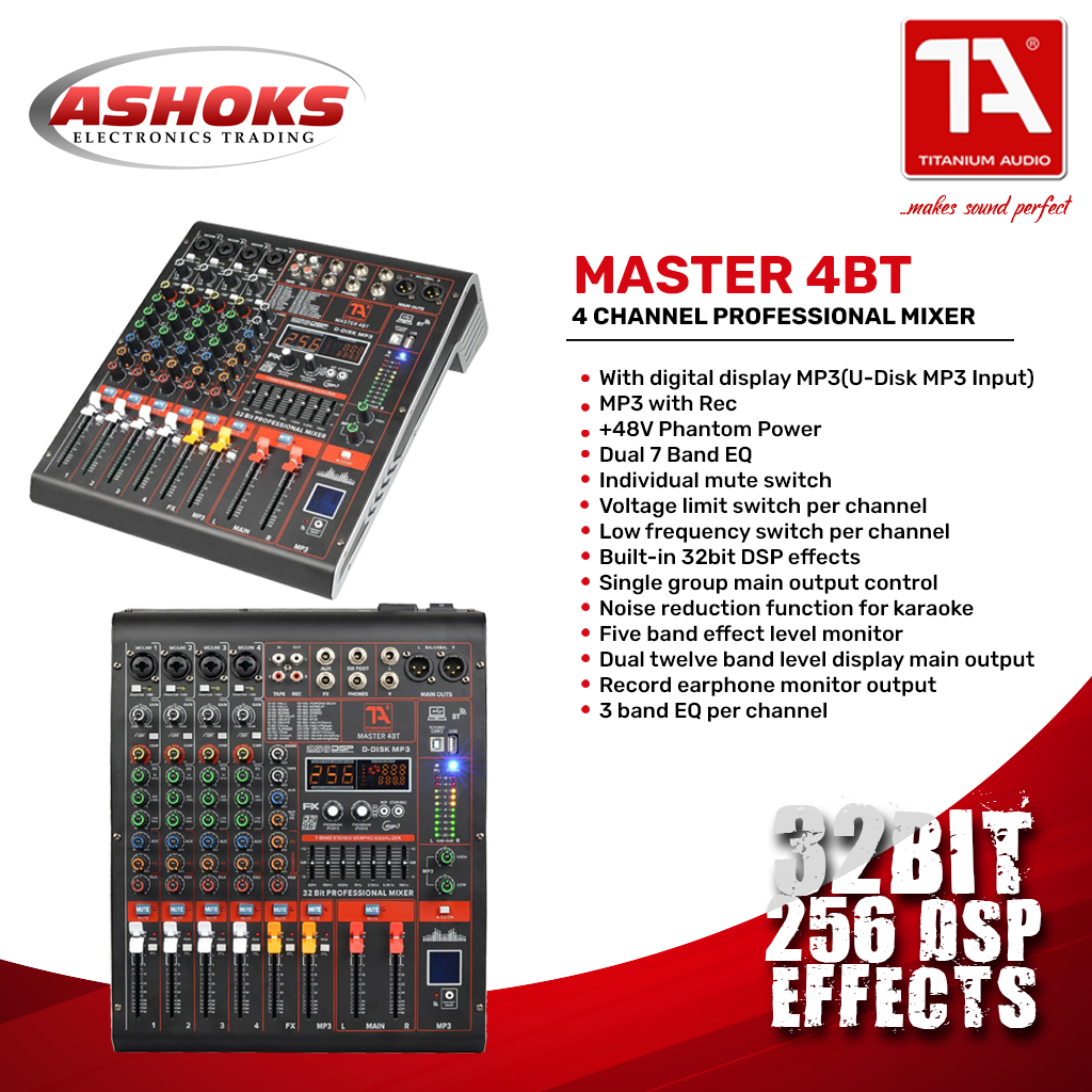 Titanium Audio Master 4BT / Professional 4CH Mixer / 32 Bit DSP Effects / USB, Aux, Bluetooth input / Dual Band EQ