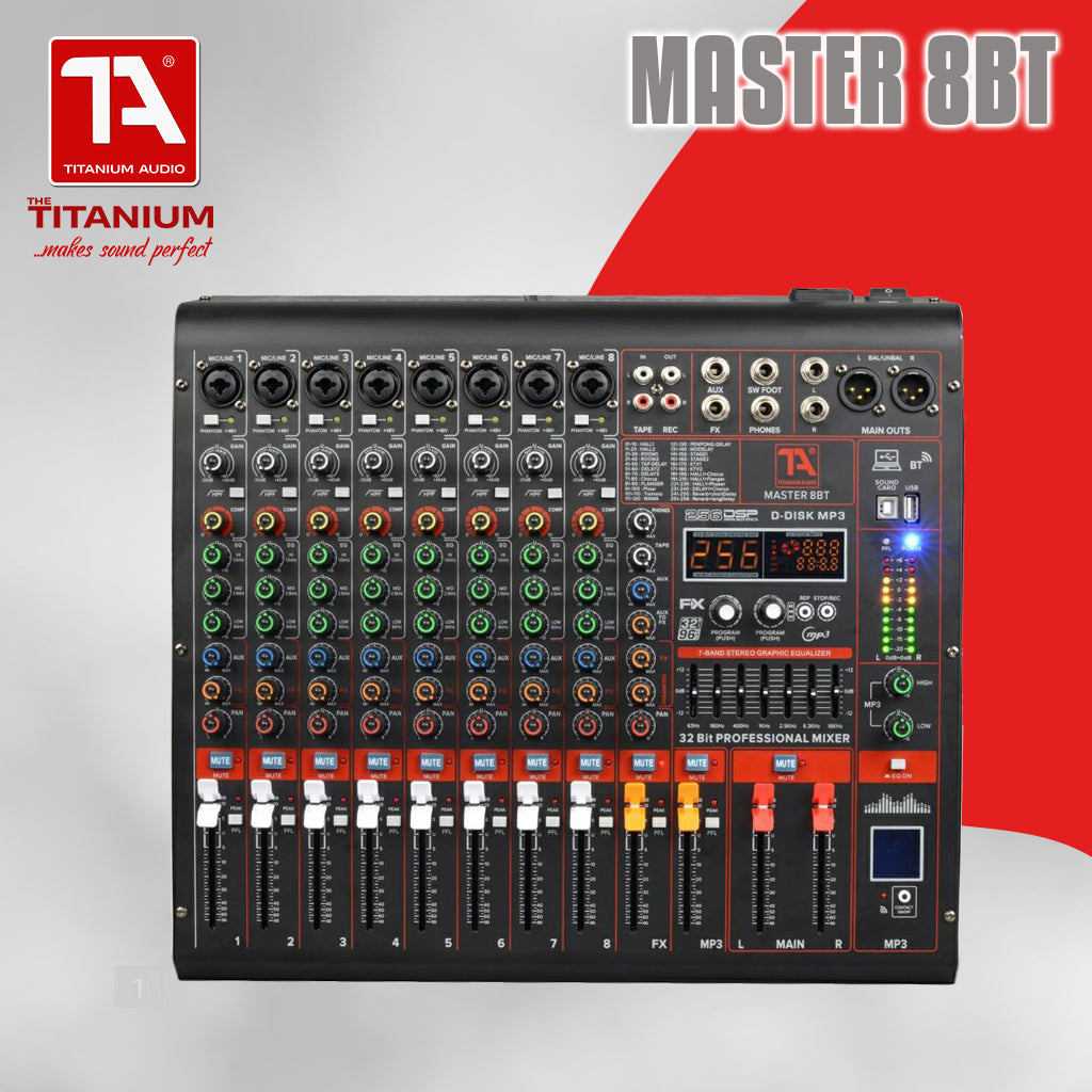 Titanium Audio Master 8BT / Professional 8CH Mixer / 32 Bit DSP Effects / USB, Aux, Bluetooth input / Dual Band EQ