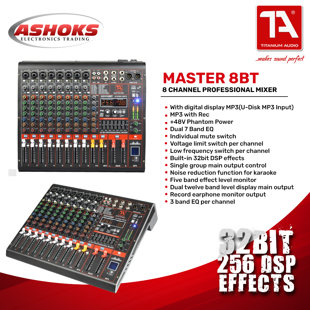 Titanium Audio Master 8BT / Professional 8CH Mixer / 32 Bit DSP Effects / USB, Aux, Bluetooth input / Dual Band EQ