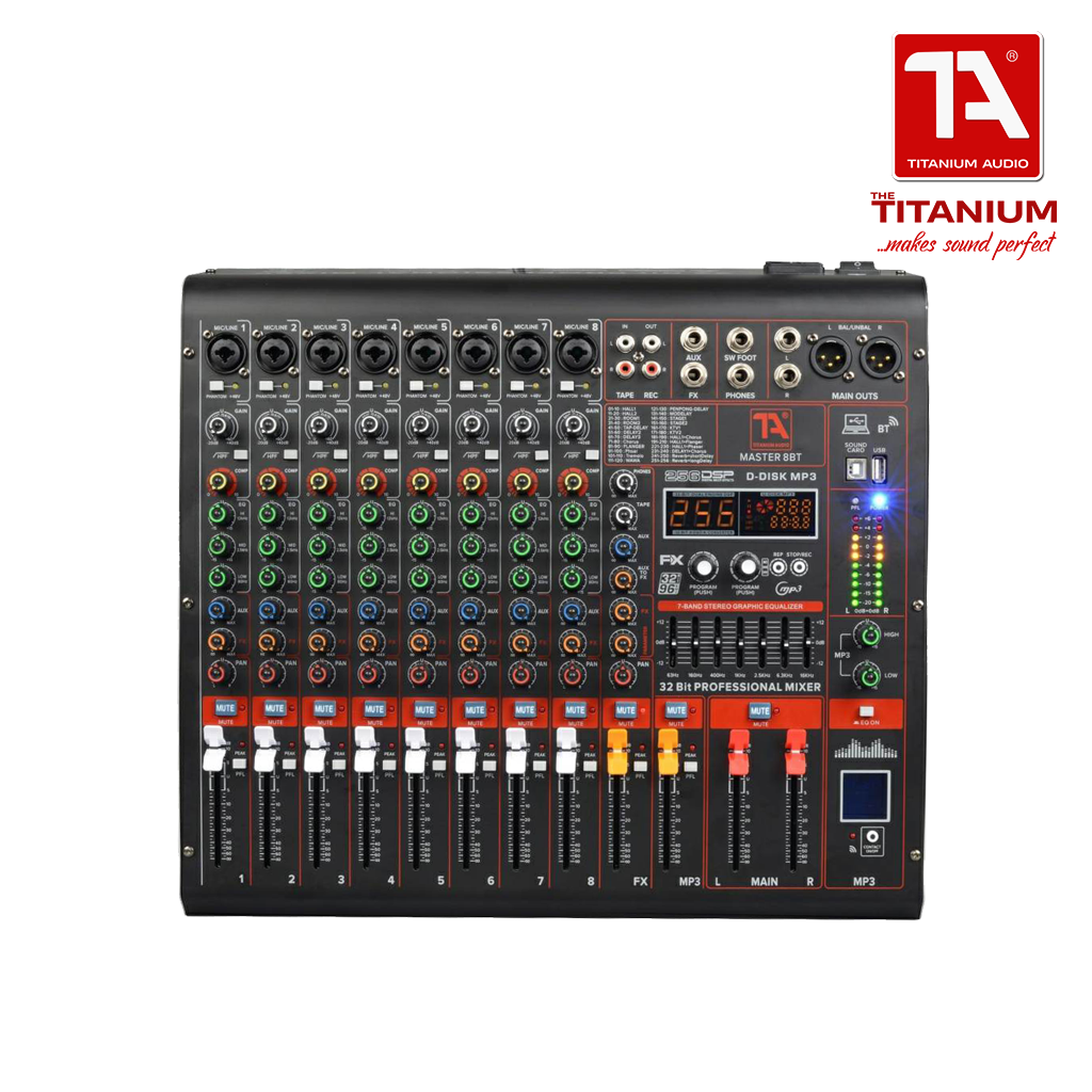 Titanium Audio Master 8BT / Professional 8CH Mixer / 32 Bit DSP Effects / USB, Aux, Bluetooth input / Dual Band EQ