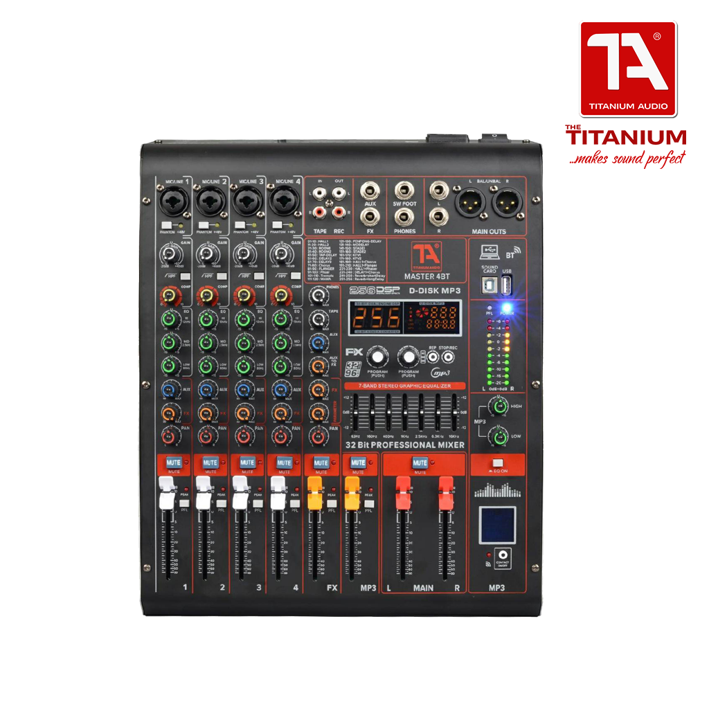 Titanium Audio Master 4BT / Professional 4CH Mixer / 32 Bit DSP Effects / USB, Aux, Bluetooth input / Dual Band EQ