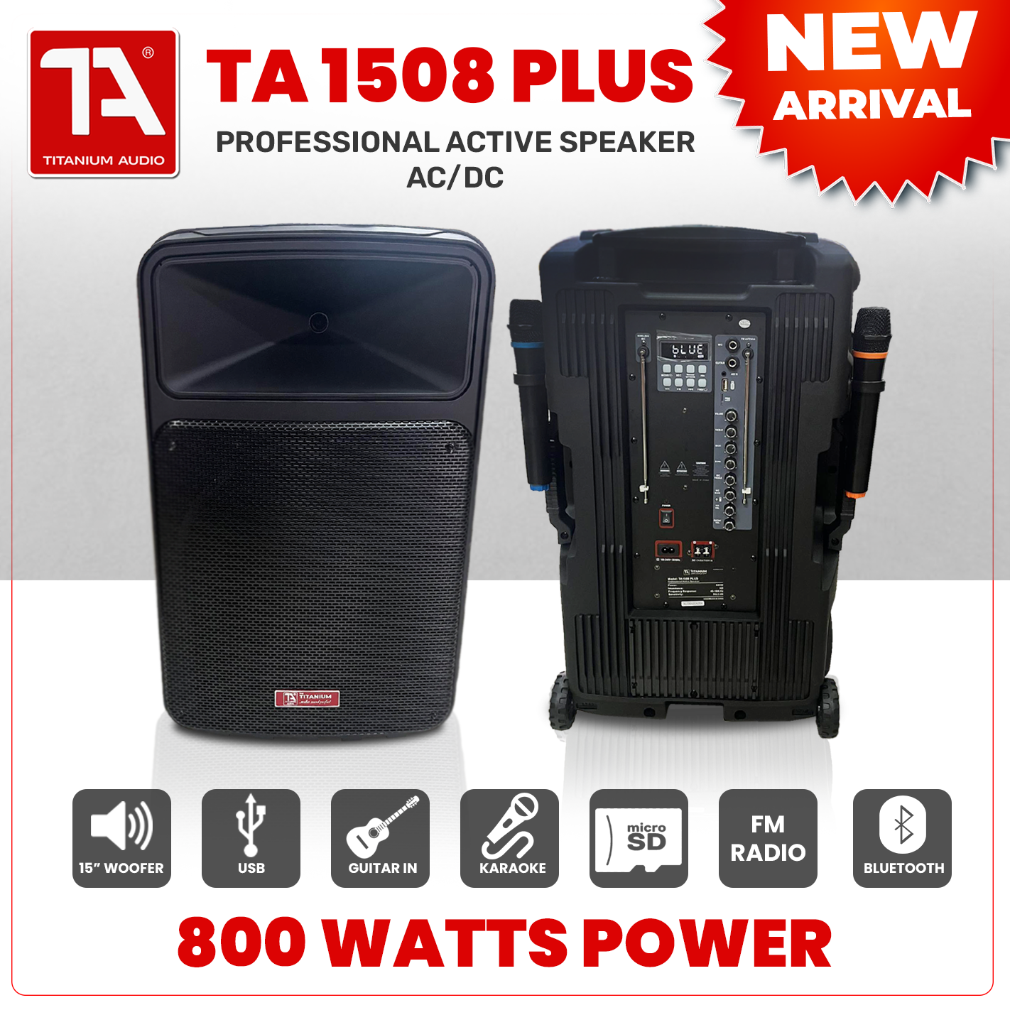 TITANIUM AUDIO TA 1508 PLUS/Professional Active Speaker 800w/Bluetooth, USB, FM/Portable Speaker