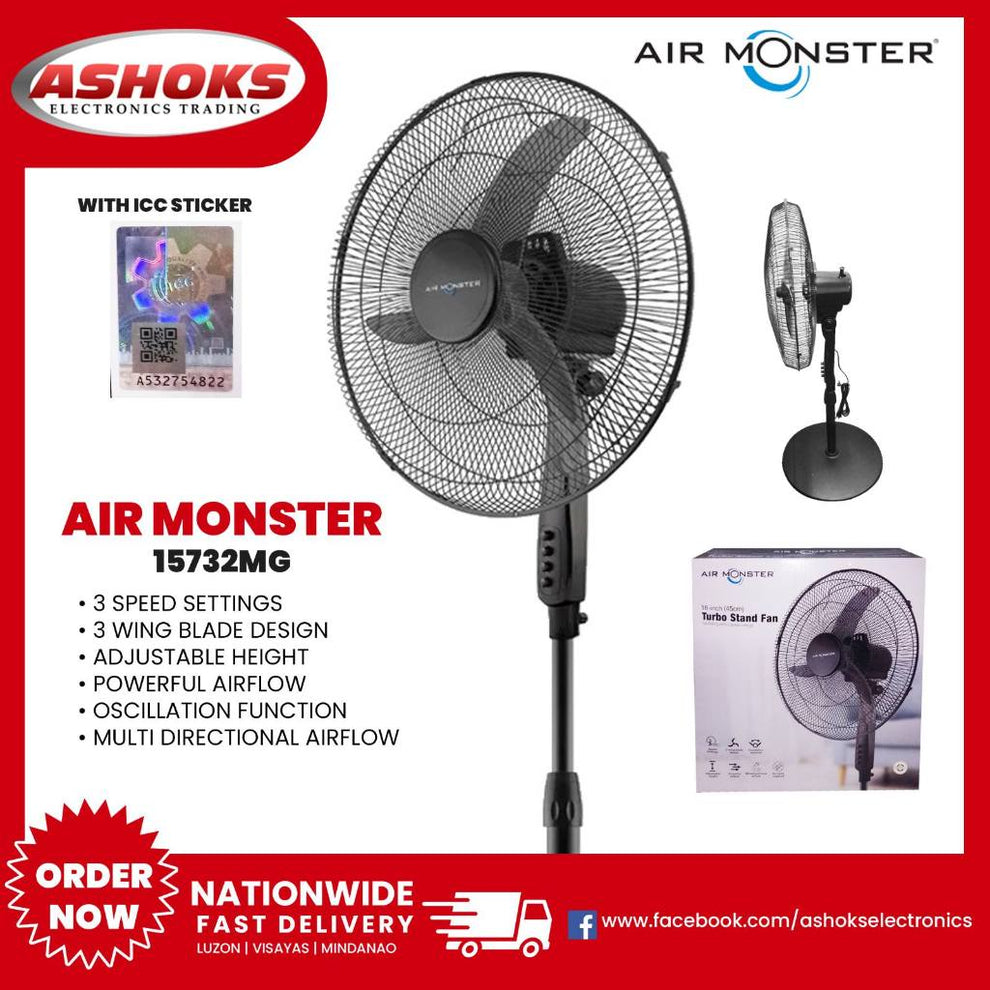 Air Monster 18inch(45cm)Turbo Stand Fan/3 wing blade design/Adjustable