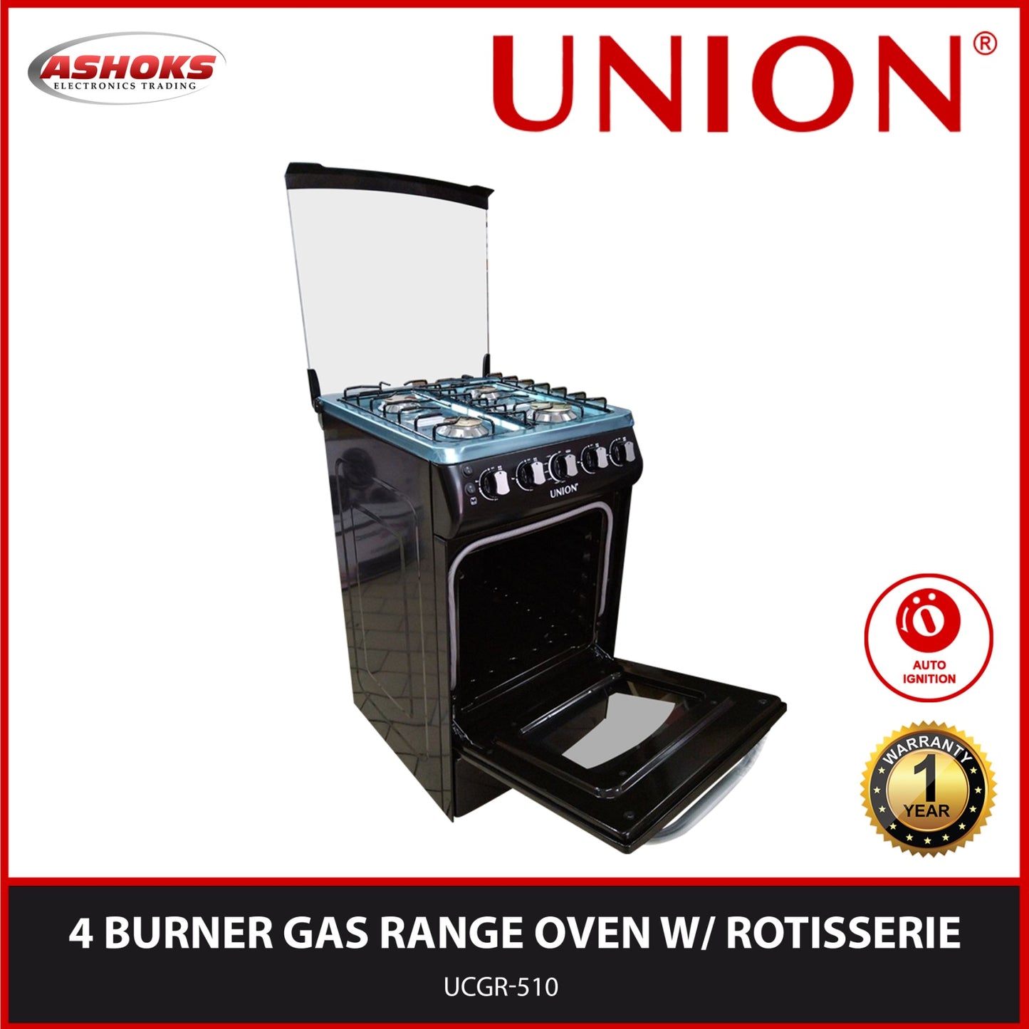 Union UGCR-510 Gas Range / 4 Gas Burners with Auto Ignition / Gas Oven with Rotisserie / Union Gas range / Gas Range