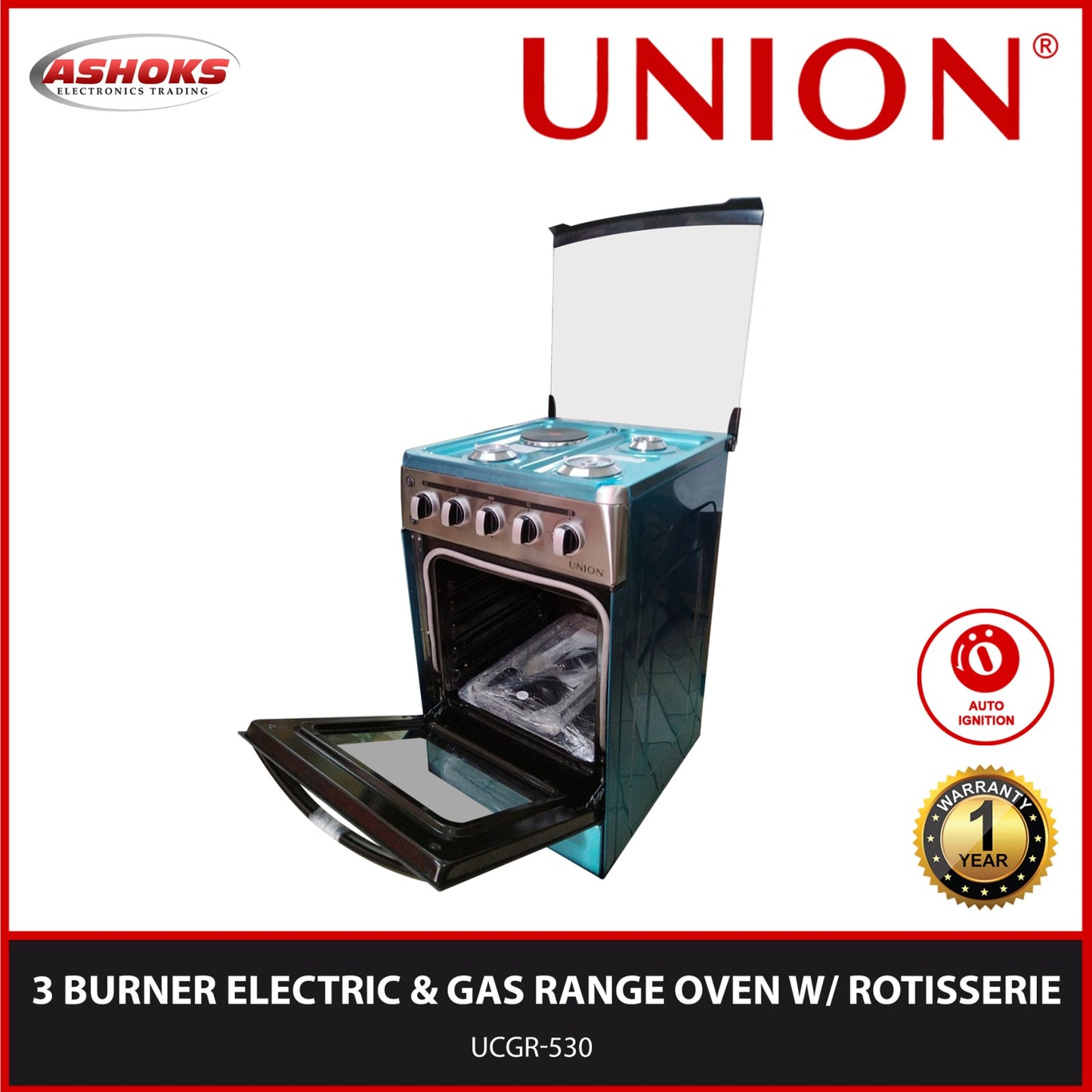 Union UGCR-530 Electric and Gas Range / 3 Burners with Auto ignition / Gas oven with rotisserie / Union Gas Range / Gas range