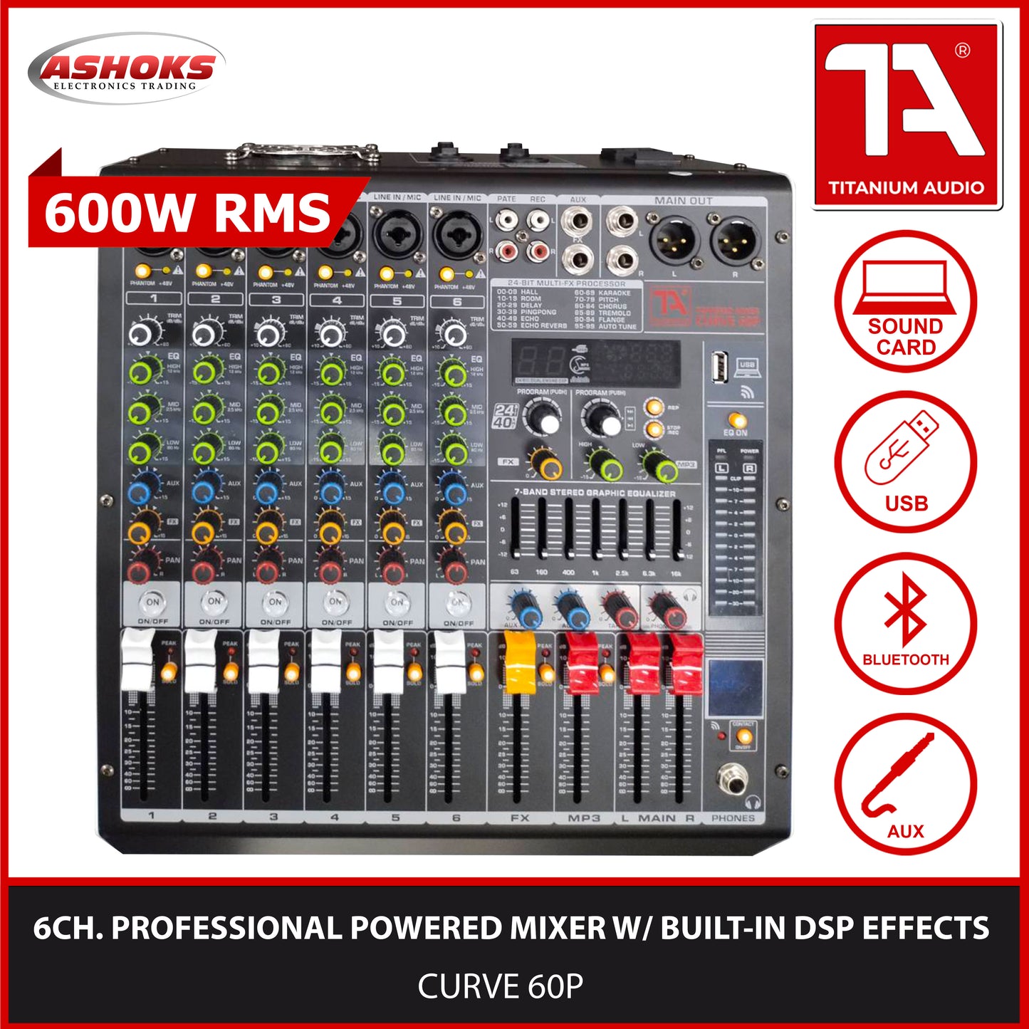 Titanium Audio Powered Mixer Curved 60P / USB, Aux, Bluetooth / 600W RMS