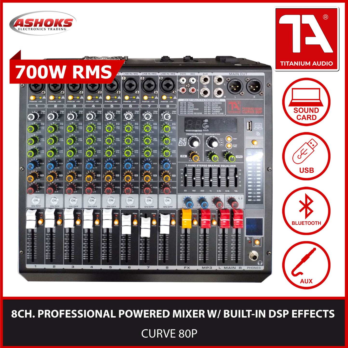 Titanium Audio Powered Mixer Curved 80P / USB, Aux, Bluetooth / 700W RMS