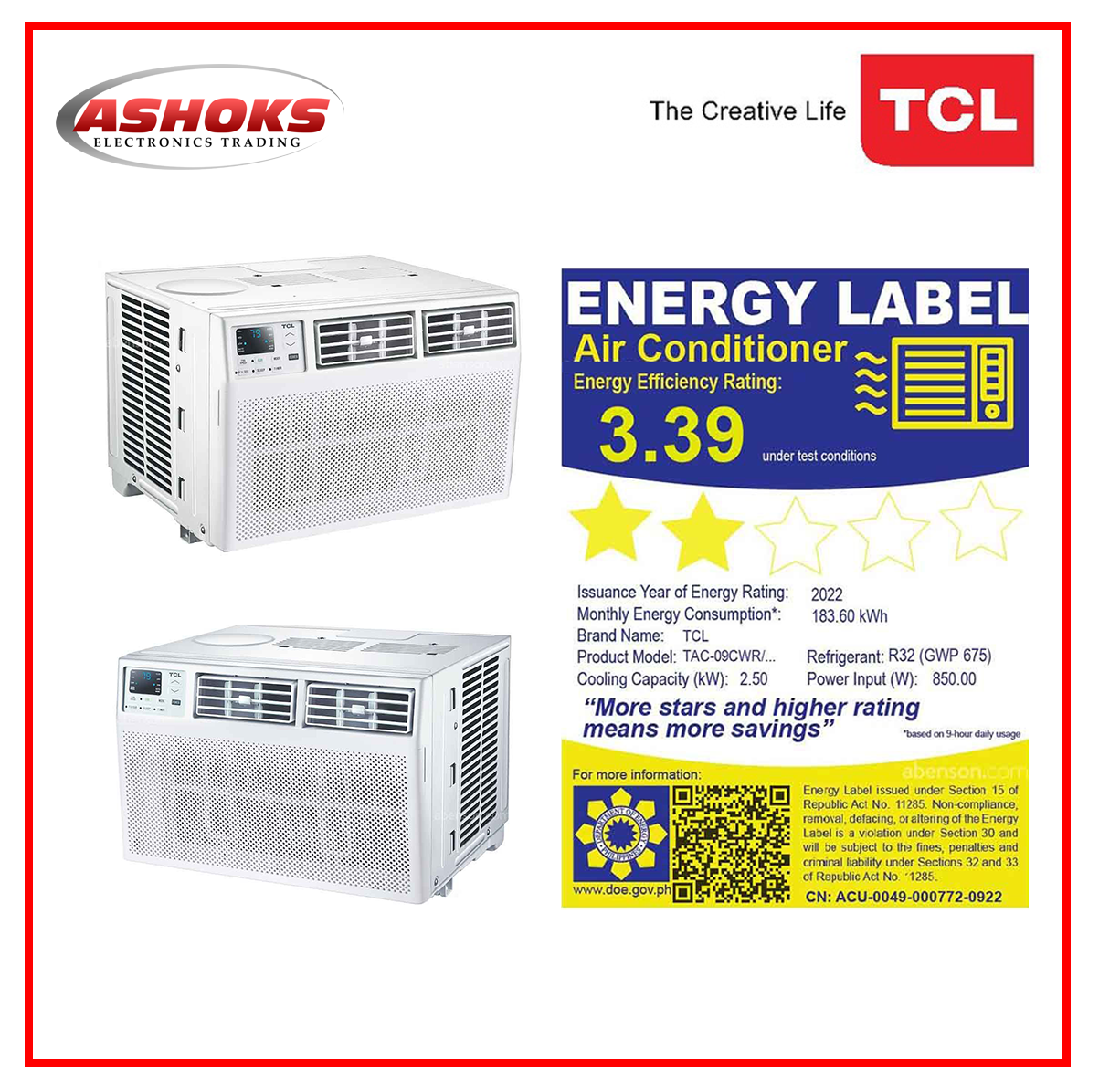 TCL TAC-09CWR/U 1.0hp Window Type Aircon Remote / Non Inverter / Fast Cooling / TCL Aircon