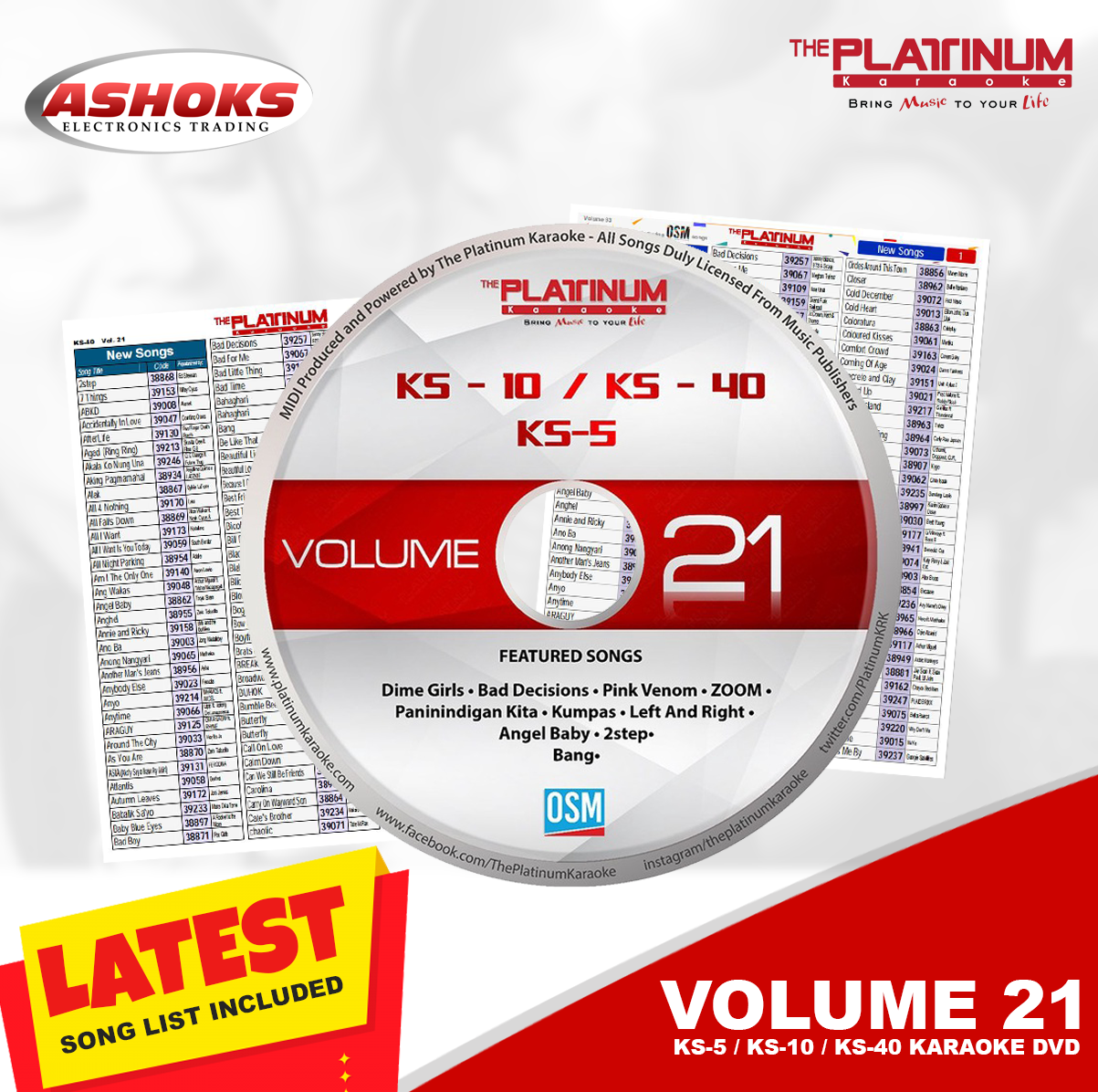 Platinum Karaoke KS-10, KS-5 & KS-40 CD with Additional song list / CD and Additional Song list