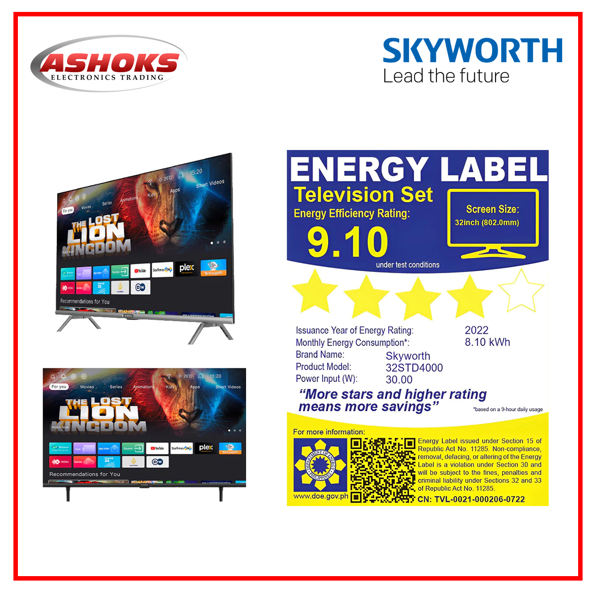 Skyworth 32STD4000 Coolita OS / Smart Led TV / YouTube, Prime Video, Plex / Borderless Display