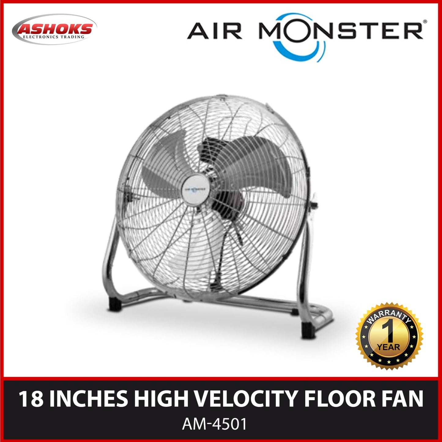 Air Monster 18 inch Floor Fan / high velocity Fan / Electric Fan 45cm 4501 Silver