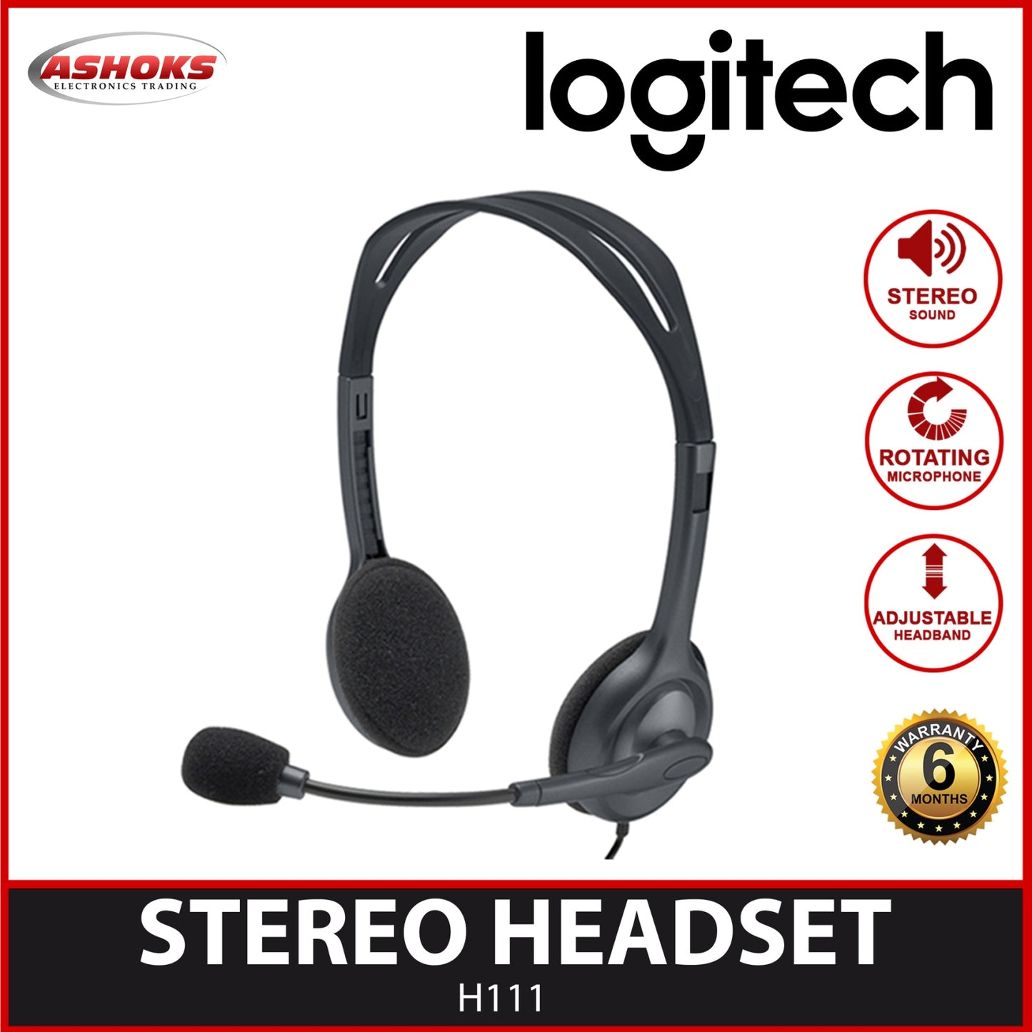 Logitech H111 Headset / Stereo Headset with Adjustable Headband and Boom Mic