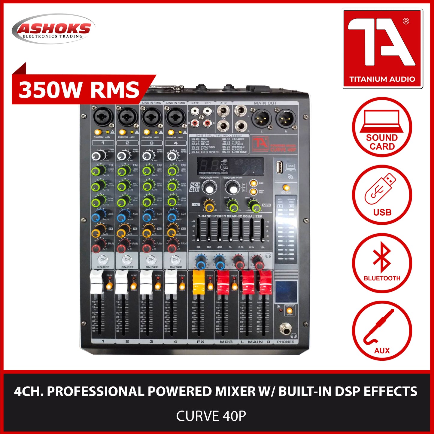 Titanium Audio Powered Mixer Curved 40P / USB, Aux, Bluetooth / 350W RMS