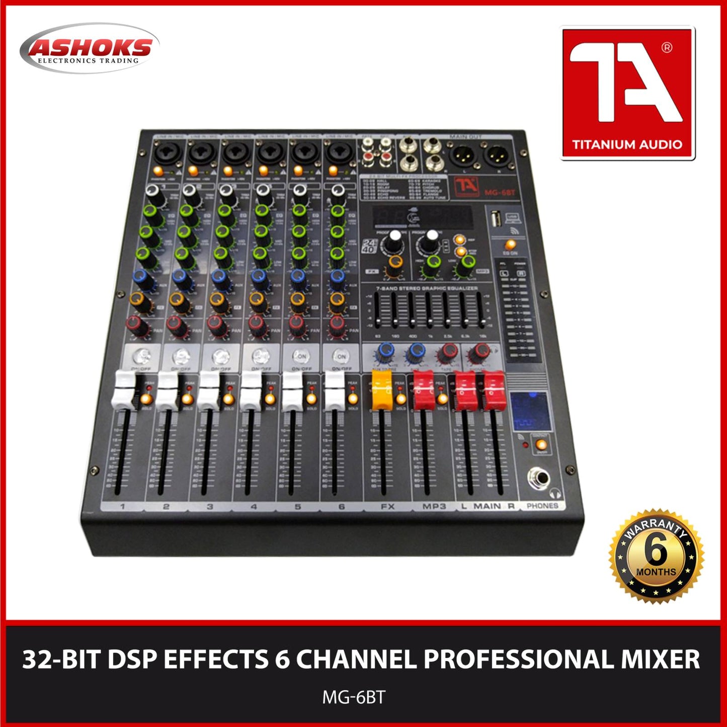 Titanium Audio MG-6BT Mixer / Professional 6 Channel Mixer / 32-BIT DSP Effects