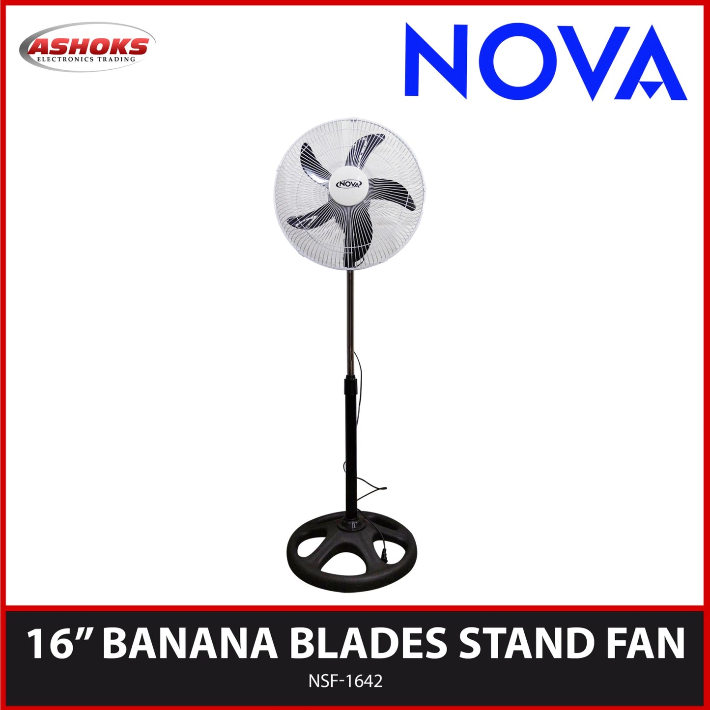 Nova 16 inch Stand Fan / 5 Banana Blades / Nova NSF1642 (Black) / Stand fan